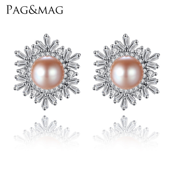 PAG&MAG Female Snowflake Stud Earrings Real 925 Sterling Silver Jewelry High Quality Natural Pearl For Women Christmas Gifts