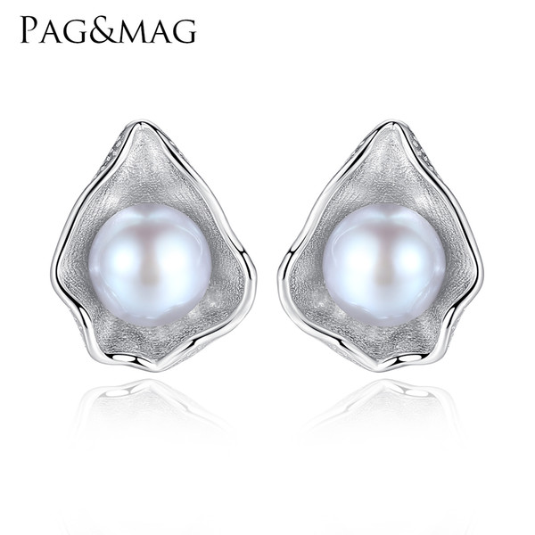 PAG&MAG Charm Shell Design Pearl Jewelry 925 Sterling Silver Jewelry Fashion Gray Pearl Stud Earrings For Women Gift