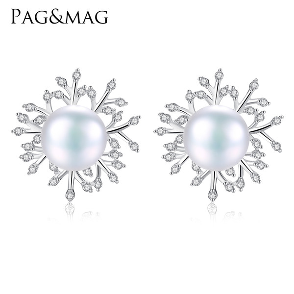 PAG&MAG Classic Clear Zircon Snowflake 925 Sterling Silver Stud Earrings White Natural Pearl Brincos for Women Girl Party Gift