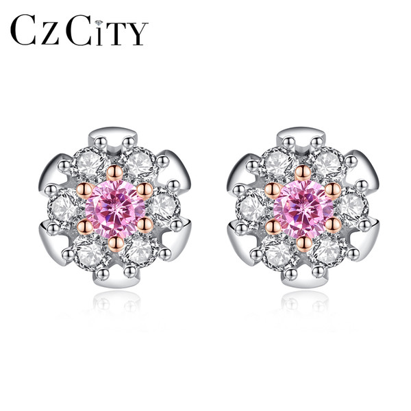 CZCITY Real 925 Sterling Silver Pink Zircon Stud Flower Earrings for Women Girls Sterling-Silver-Jewelry White & Gold Plated