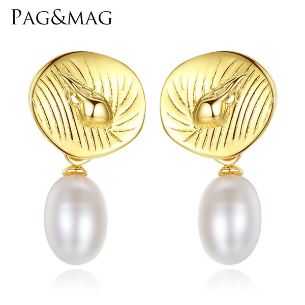 PAG&MAG New Arrival Fancy 925 Sliver Round Shape Stud Earrings Paved Freshwater Pearl For Women Anniversary Party Gift Jewelry