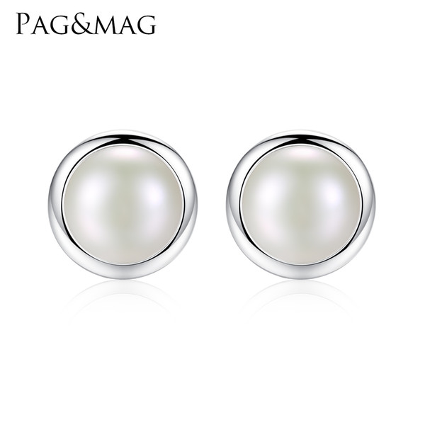 PAG&MAG Fashion Brand Jewelry 925 sterling silver Real Big White pearl Stud Earrings For Women Party Wedding Accessories