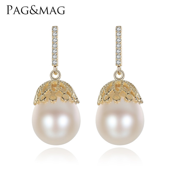 PAG&MAG Brand 925 Sterling Silver Elegant Fashion Piercing Natural Freshwater Big Pearls Stud Earrings For Party Accessories