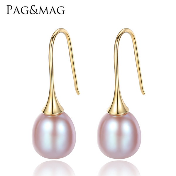 PAG&MAG Simple Hook Earring Natural Fresh Water Drop 9-10mm Pearl Earrings with 925 Sterling Silver Fine Jewelry for Women