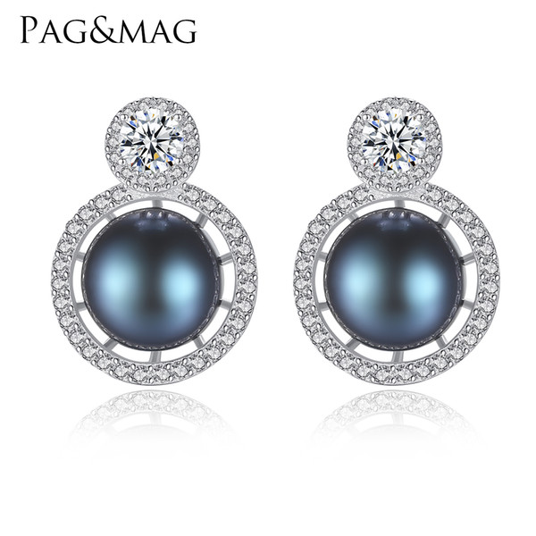 PAG&MAG Brand 8-8.5 mm 100% Natural Freshwater Pearl Earrings Jewelry 925 Sterling Silver Brincos Zircon Stud Earrings For Women