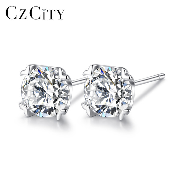 PAG&MAG Romantic 925 silver Stud Earrings for Women Single 1ct Round Clear Cubic Zirconia Sterling Silver Jewelry