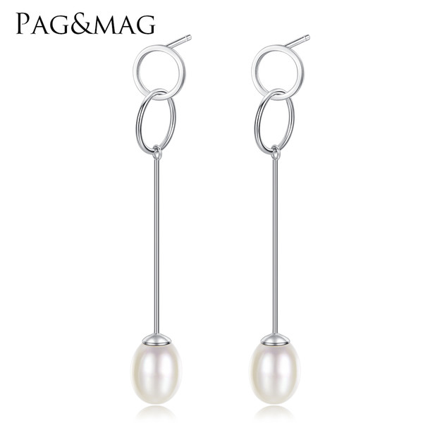 PAG&MAG Brand Minimalism 925 Sterling Silver and Natural Freshwater Pearl Long Dangle Earrings Women Pendientes Mujer Moda 2018