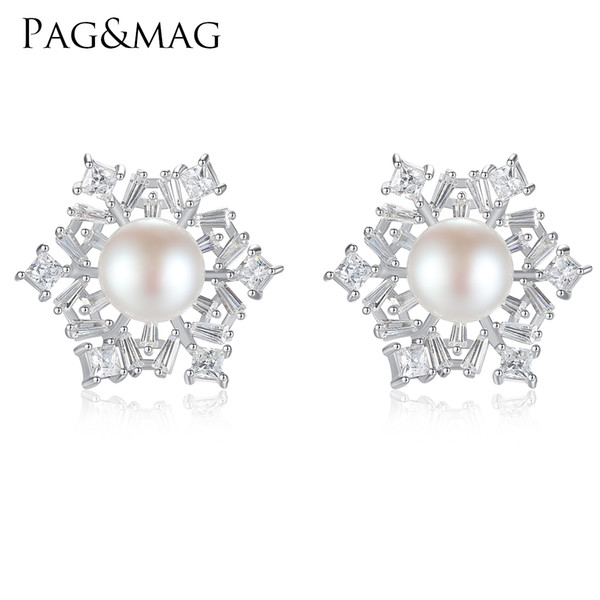 PAG&MAG Brand New Style Crystal Snowflakes 925 Sterling Silver Pearl Stud Earrings For Women Christmas Jewelry Accessories Gift