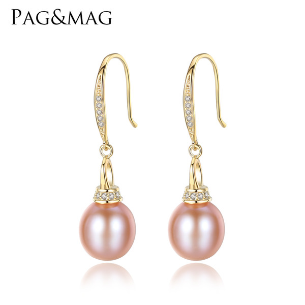 PAG&MAG Authentic 925 Sterling Silver Natural Pearl Dangle Earrings Female Glittering Zircon Dangling Earring Fine Jewelry 2018