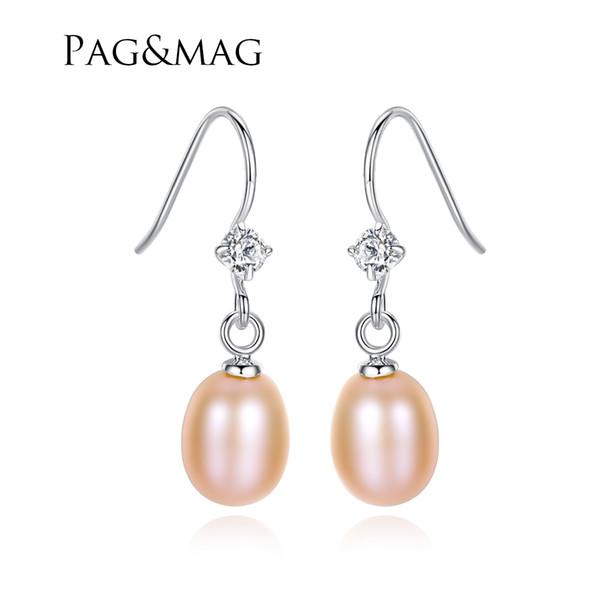 PAG&MAG Hot Sale Charming 925 Sterling Silver Geometric CZ Paved Freshwater Pearl Drop Earring For Women Classic Party Gift