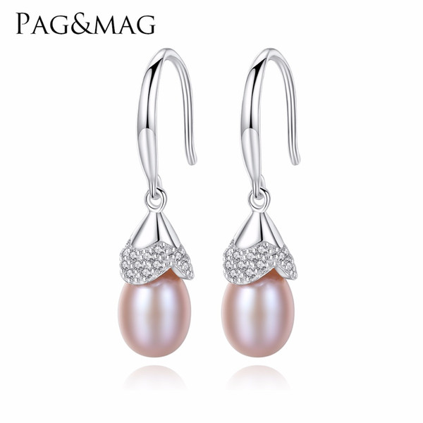 PAG&MAG Brand Fashion 925 Sterling Silver Drop Earrings For Women Elegant 7-8mm Natural Freshwater Pearl Jewelry Gift 3 Colors