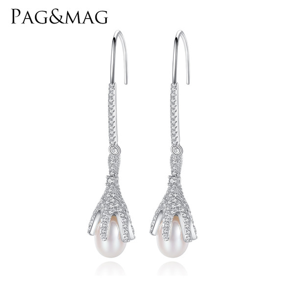 PAG&MAG Brand Fashion personality Six claw Solid Silver S925 Drop Earrings For Women Real Natural Freshwater Pearl Party Jewelry