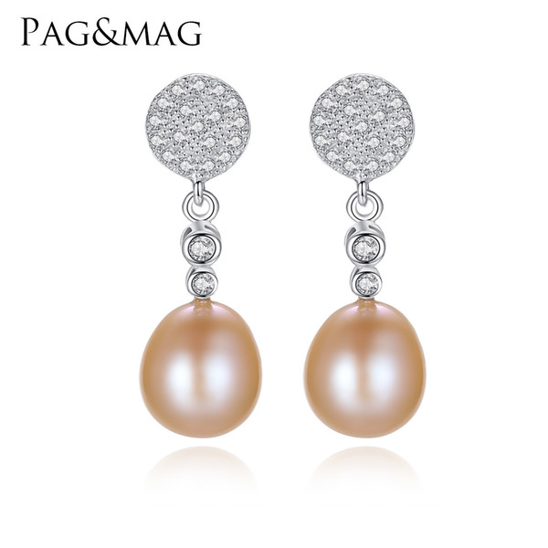 PAG&MAG Classic Elegant 925 Sterling Silver Pearl Earrings, 8-9mm Freshwater Natural Pearl for Women Engagement Jewelry Brincos