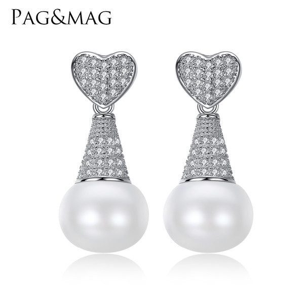 PAG&MAG Brand Luxury Women's Fashion Yellow White 2-Colors Natural Pearl Heart Shape Stud Earrings For Women Fine Jewelry