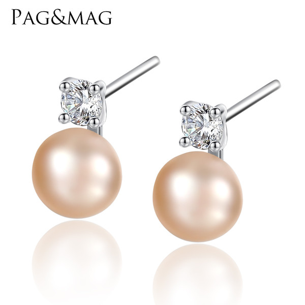 PAG&MAG Natural Pearl and 925 Sterling silver Stud Earrings Fashion 4 Prong Clear Zircon Boucles D'Oreilles Pour Les Femmes 2018