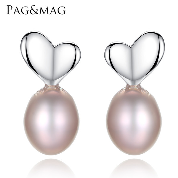 PAG&MAG Romantic Exquisite Love Heart Stud Earrings for Women 925 Sterling silver Freshwater Natural Pearl Wedding Jewelry Gift