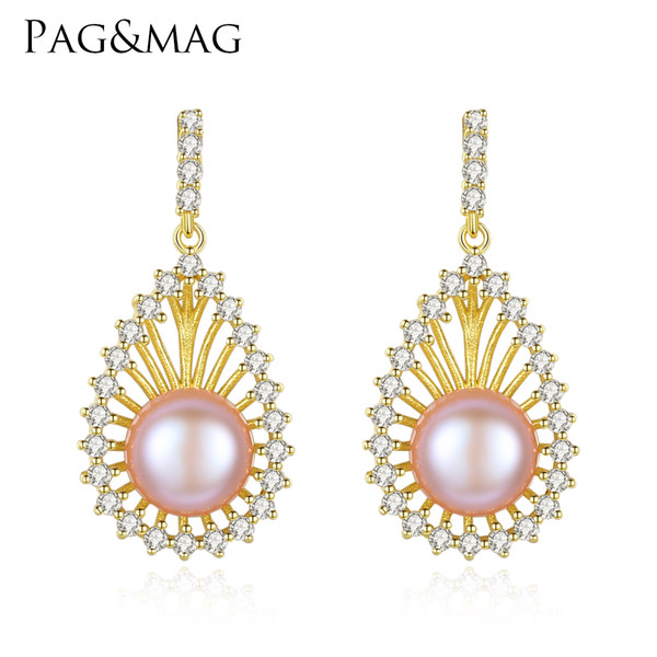 PAG&MAG 925 Sterling Silver Drop Earrings Fine Jewelry for Women Natural Pearl Trendy Gold Color Waterdrop Design Dangle Earring