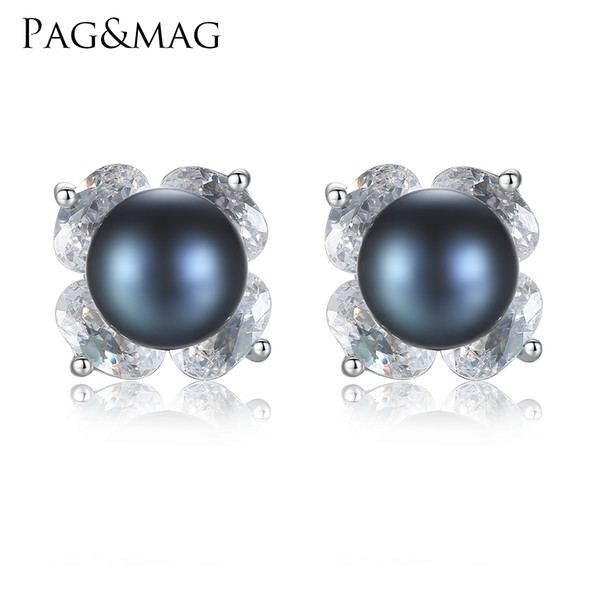 PAG&MAG Brand 100% Genuine Natural Freshwater Black Pearl Earrings For Friends Wedding Gift 925 Sterling Silver Jewelry Flower