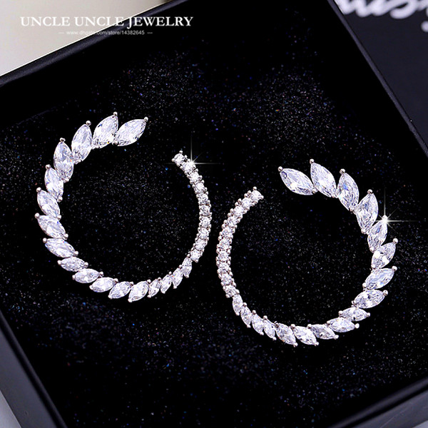 White Gold Color Zirconia Crystal Leaf Element Round Style Fashion Woman Stud Earring Christmas Gifts Drop Ship Accessories