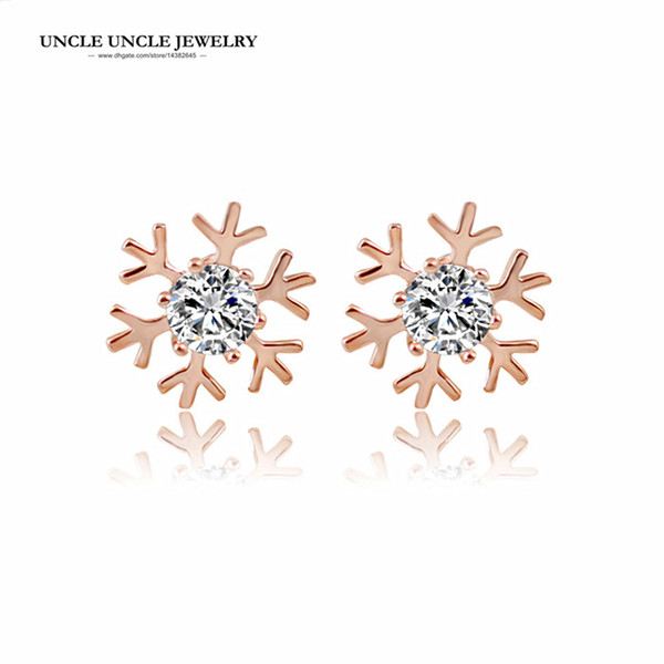 Rose Gold Color Austrian Zircon Beautiful Snowflake Design Lady Stud Earrings Wholesale