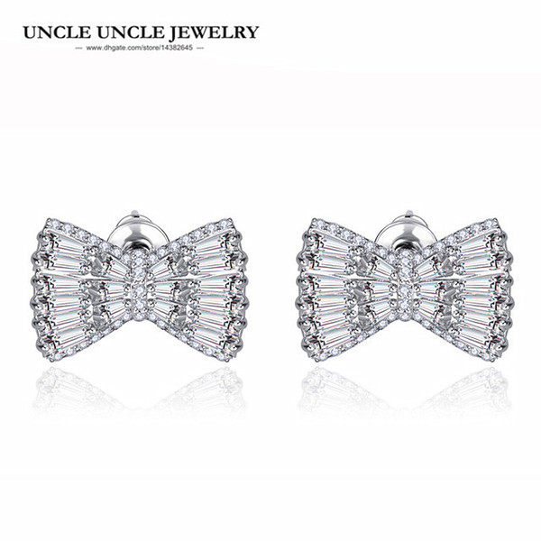 Exquisite Bowknot Earring White Gold Color Top Quality Clear Cubic Zirconia Woman Stud Earrings Wholesale Gift Bridal Jewelry