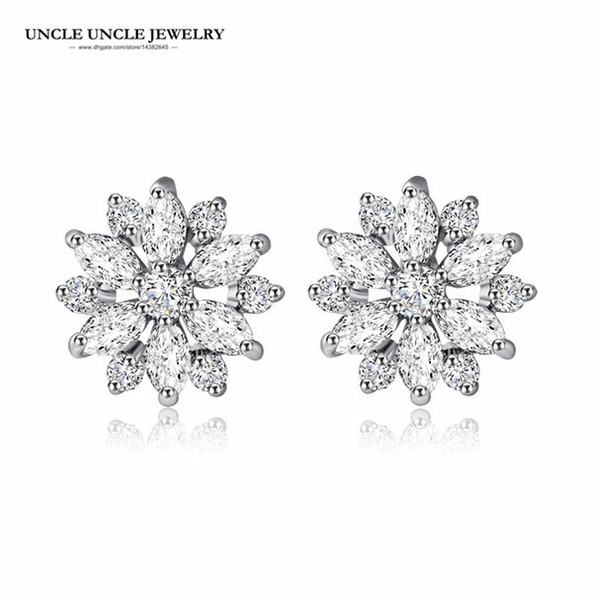 White Gold Color Cubic Zirconia Fully Inlay Crystal Flower Petal Element Woman Stud Earrings Wholesale Fashion Gift