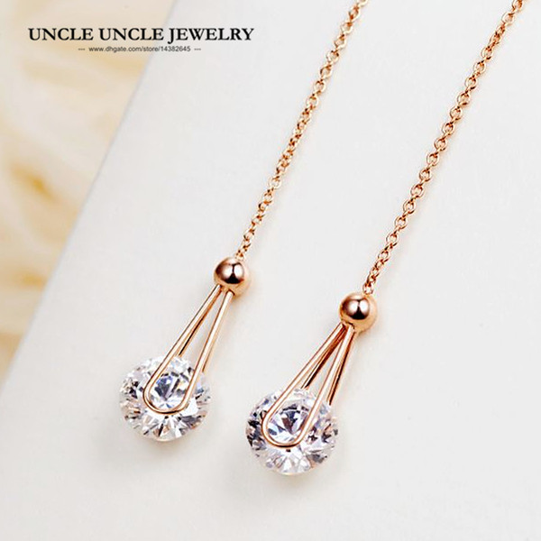 Rose Gold Color Round Clear 8mm Zirconia Studded Fashion Women Long Style Tassels Earrings Ear Line Wholesale Accessories