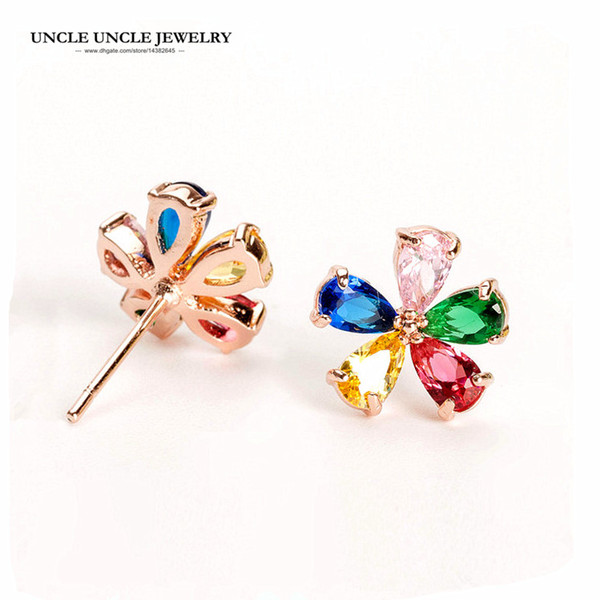 Multicolor Earrings Rose Gold Color Zirconia Crystal Sweet Flower Element Woman Fashion Stud Earring Wholesale Gift