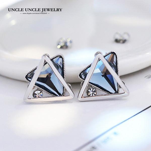 925 Needle Earring White Gold Plated Triangle Design Blue Champagne Crystal Geometric Element Stud Earring Wholesale