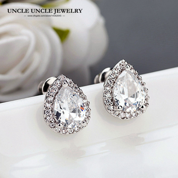 White Gold Color Fashion Water Drop Design Clear Cubic Zirconia Woman Stud Earring Fashion Accessories Christmas Gifts