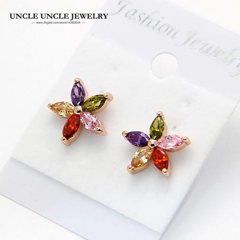 Multicolored Earring Rose Gold Color Zirconia Crystal Daisy Petal Flower Design Woman Stud Earrings Wholesale Gift Jewelry