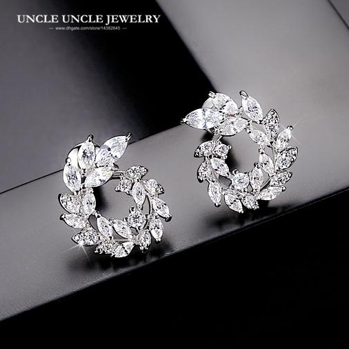 White Gold Color Circle Olive Branch Design Clear Cubic Zirconia Inlay Leaf Element Woman Stud Earring Wholesale Gift