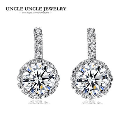 On Sale White Gold Color Classic Clear Round Cubic Zirconia Hearts and Arrows Woman Earring Wholesale Fashion Gift