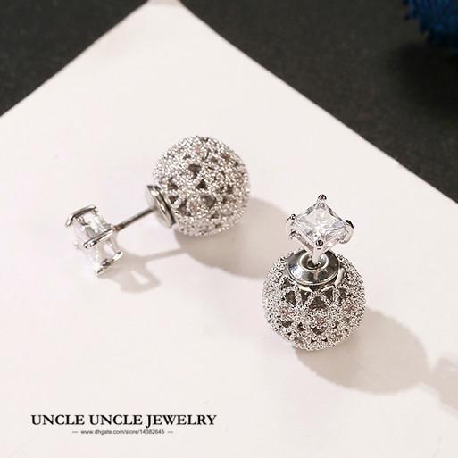 Brand Design Small Crystal Ball Earring White Gold Color 925 Sterling Silver Needle Round Double Side Wear Stud Earrings Wholesale