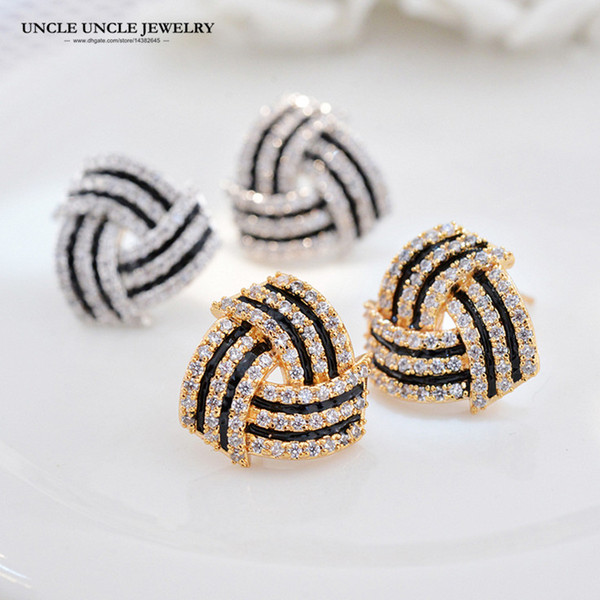 Gorgeous Triangle Stripe Earring Gold-color 925 needle Cubic Zirconia Micro Setting Woman Stud Earrings Wholesale Allergy Free