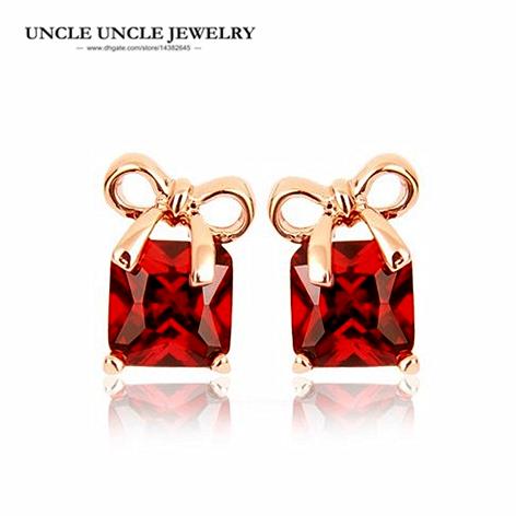 Rose Gold Color Red Square Cubic Zirconia Sweet Bowknot Style Fashion Jewelry Woman Stud Earrings Wholesale Christmas Gifts