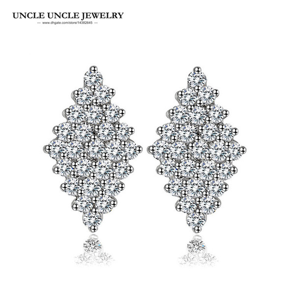 White Gold Color Diamond-shaped Clear Zirconia Fully Inlay Woman Stud Earrings Fashion Gift