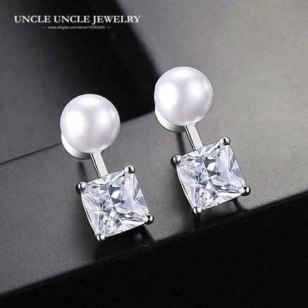 White Gold Color Simple Design 6mm White Simulated Pearl Square Cubic Zirconia Double Sided Woman Stud Earring Wholesale Gift