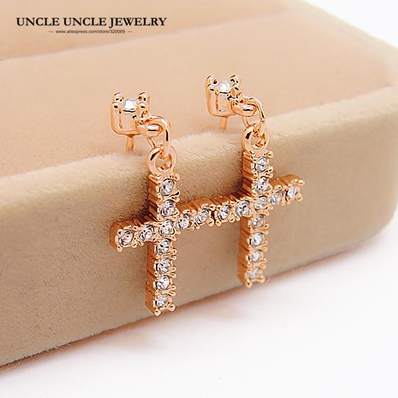 Rose Gold Color Classic Cross Design Rhinestones Fully Inlaid Fashion Woman Stud Earrings Wholesale Gift