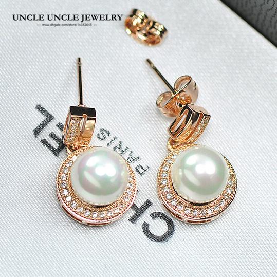 Rose Gold Color Shell Round Simulated Pearl Element Rhinestones Micro Setting Luxury Lady Earring Wholesale