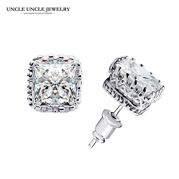 Top Quality White Gold Color Clear Square Cubic Zirconia Prongs Crown Design Woman Stud Earring Wholesale Gifts Accessories