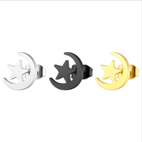 10piars/lot Simple Black Gold Moon And Stars Stainless Steel Earrings Minimalist Earring Sailor Studs Fashion Ear Jewelry For Women Men Kids