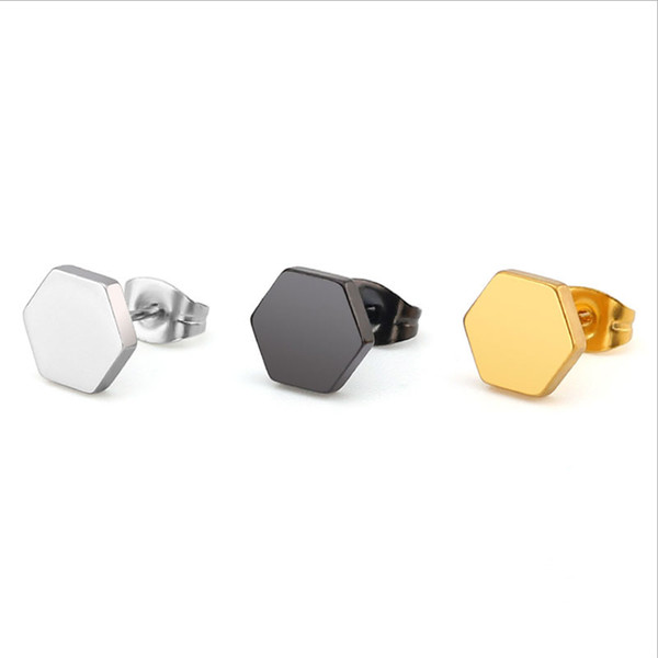 10piars/lot Simple Unisex Hiphop Solid Hexagon Stainless Steel Earrings Black Gold Geometric Ear Studs Jewelry For Women Men