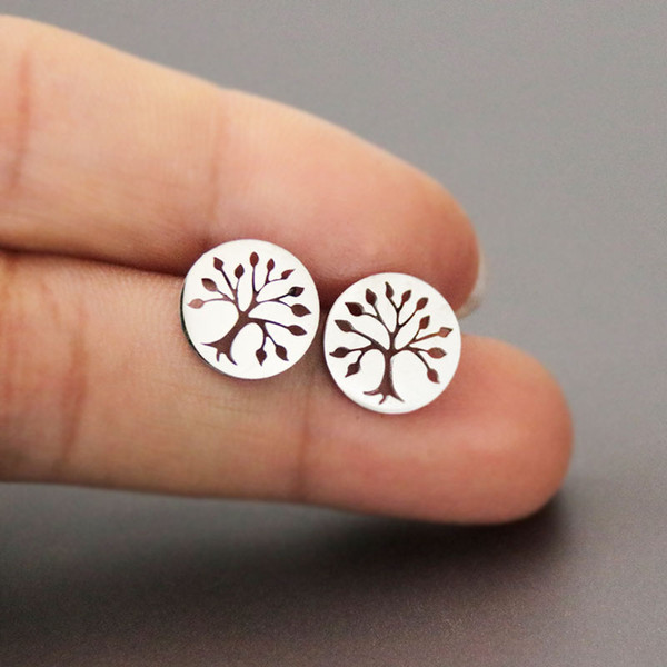 Everfast New Round Gem Tree Earring Minimalistic Tree of Life Stainless Steel Earrings Studs Fashion Ear Jewelry For Women Girls T106