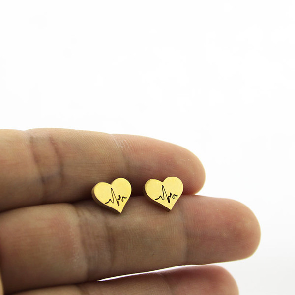 New Arrival Tiny Heart ECG Earrings Stainless Steel Earring Gold Color Heart Beat Ear Studs Jewelry For Women Kids Girls Gift T143