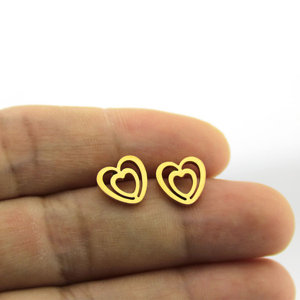 New Arrival Cute Double Heart Earrings Stainless Steel Earring Gold Color Love Ear Studs Jewelry For Women Kids Girls Gift T141