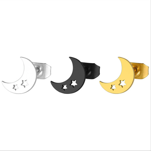 10piars/lot Sporty Black Gold Thick Moon Stainless Steel Earrings Minimalist Earring Simple Stars Studs Fashion Ear Jewelry For Women Girls