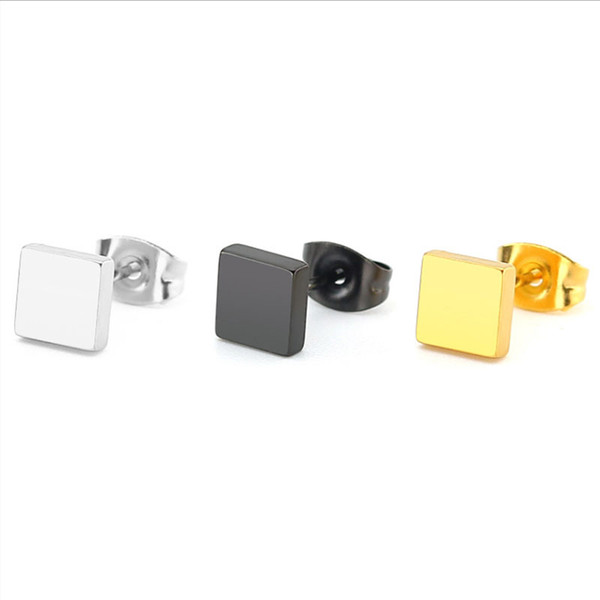 10piars/lot Simple Hiphop Solid Square Stainless Steel Earrings Black Gold Geometric Ear Studs Jewelry For Women Men