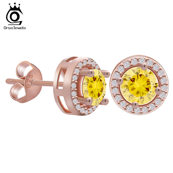 ORSA Rose Gold Earring Stud with 0.75 ct Yellow CZ Diamond Classical 4 Claw Earrings For Women 2 Colors Available OE104-R