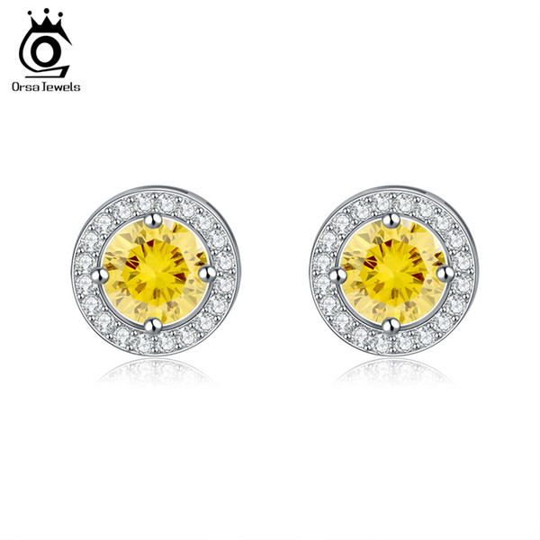 ORSA Fashion Silver Earring Stud with Heart & Arrow Cut 0.75 ct Yellow Zircon Earring Micro Paved CZ Studs Earring for Women